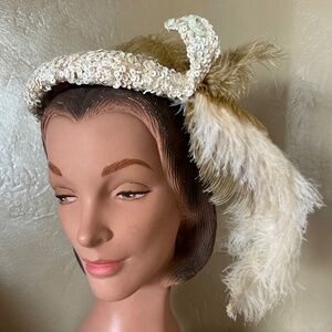 FANCY 1950s' MOTHER OF PEARL SEQUIN COCKTAIL HAT + OSTRICH FEATHERS